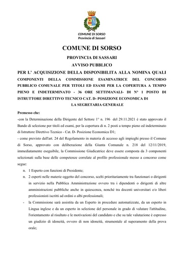 AVVISO PUBBLICO PER L’ ACQUISIZIONE DELLA DISPONIBILITA