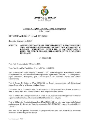 DETERMINAZIONE N° 161 del 05/12/2022