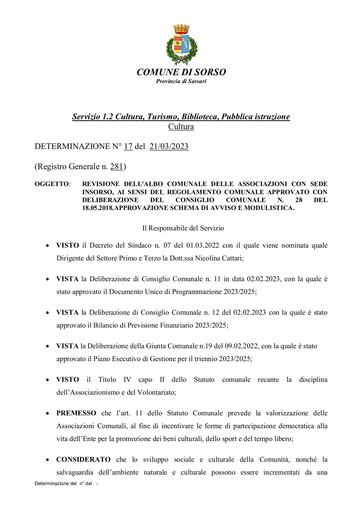 2 DET DIR N 17  DEL 21 03 2023 REVISIONE ALBO COMUNALE ASS APPROV SCHEMA  AVVISO E MODULISTICA