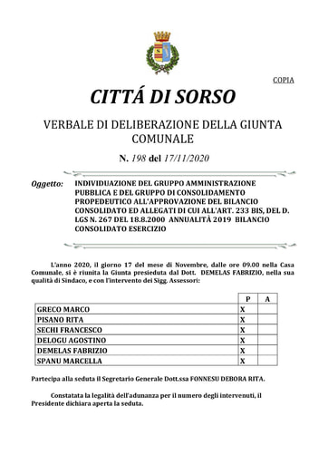 VERBALE DI DELIBERAZIONE DELLA GIUNTA COMUNALE N. 198 del 17/11/2020