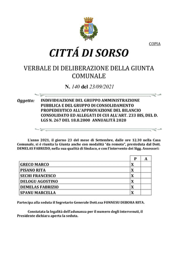 2022 APPROVAZIONE DEL BILANCIO CONSOLIDATO ED ALLEGATI  ANNUALITÀ 2020