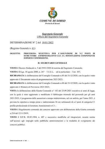 DETERMINAZIONE N° 7 del 18/01/2022 SOSTITUZIONE COMPONENTE ESPERTO COMMISSIONE