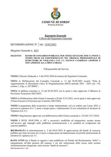 00001) DETERMINAZIONE N° 162 del 15/02/2023