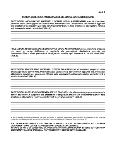 Mod  5 Scheda Sintetica di presentazione dei Servizi Socio Assistenziali V