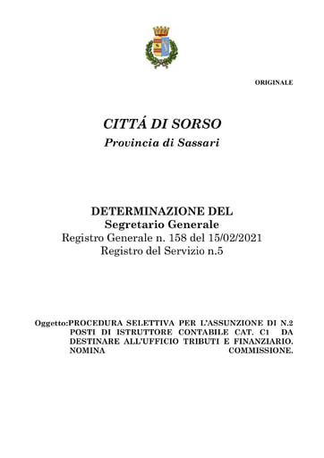 DETERMINAZIONE DEL Segretario Generale Registro Generale n. 158 del 15/02/2021