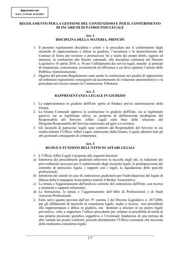 Regolamento per gestione del contenzioso