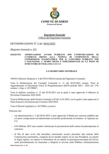 01) DETERMINAZIONE N° 67 del 06/02/2023