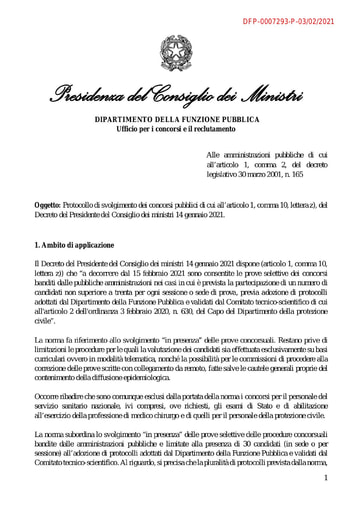 Protocollo di svolgimento dei concorsi pubblici di cui all’articolo 1, comma 10, lettera z), del Decreto del Presidente del Consiglio dei ministri 14 gennaio 2021.