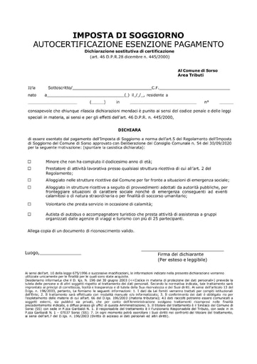 Imposta di soggiorno autocertificazione esenzione pagamento Sorso