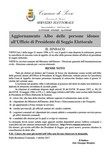 AVVISO ALBO PRESIDENTI SEGGIO 2017