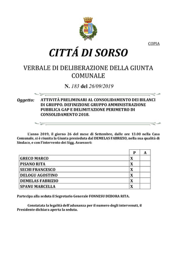 VERBALE DI DELIBERAZIONE DELLA GIUNTA COMUNALE N. 183 del 26/09/2019