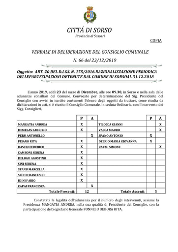 VERBALE DI DELIBERAZIONE DEL CONSIGLIO COMUNALE N. 66 del 23/12/2019