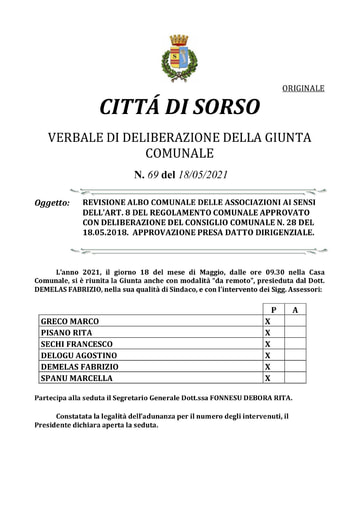 DGC N 69 DEL 18 05 2021 PRESA DATTO DIRIG ALBO COMUNALE DELLE ASSOCIAZIONI AGGIORNATO