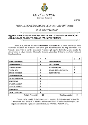 VERBALE DI DELIBERAZIONE DEL CONSIGLIO COMUNALE N. 89 del 31/12/2020