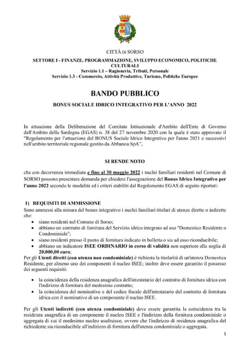 Bando Bonus idrico integrativo per l anno 2022