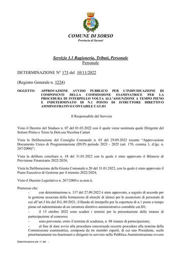 1 DETERMINAZIONE N° 173 del 10/11/2022