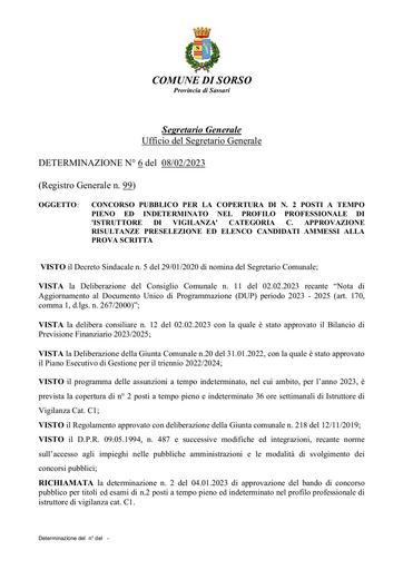 0001) DETERMINAZIONE N° 99 del 08/02/2023