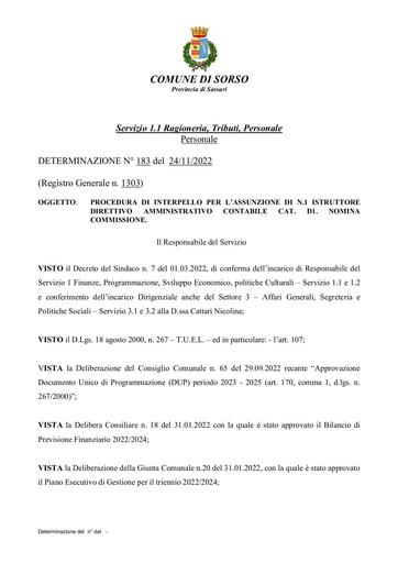 Nomina Commissione DETERMINAZIONE N° 183 del 24 11 2022