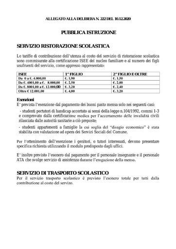 TABELLE QUANTIFICAZIONE  QUOTE  MENSA E TRASPORTO SCOLASTICO A S  2020 2021