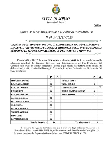 DELIBERAZIONE DEL CONSIGLIO COMUNALE N. 67 del 12/11/2020