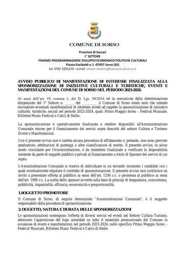 AVVISO MANIFESTAZIONE DI INTERESSE SPONSORIZZAZIONI