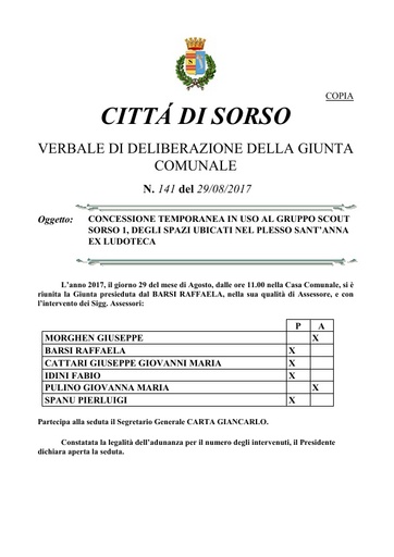 Concessione  spazi plesso S. Anna al gruppo Scout 1 Sorso (DGC 141 del 29 08 2017)