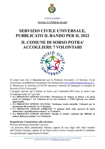 COMUNICATO SERVIZIO CIVILE SORSO