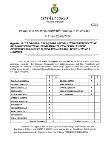 DELIBERAZIONE DEL CONSIGLIO COMUNALE N. 21 del 22/06/2020