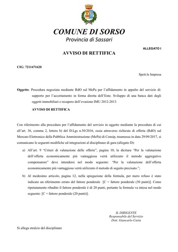 ALLEGATO I Procedura per affidamento supporto accertamento diretto Avviso di Rettifica