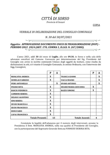 VERBALE DI DELIBERAZIONE DEL CONSIGLIO COMUNALE N. 30 del 30/07/2021