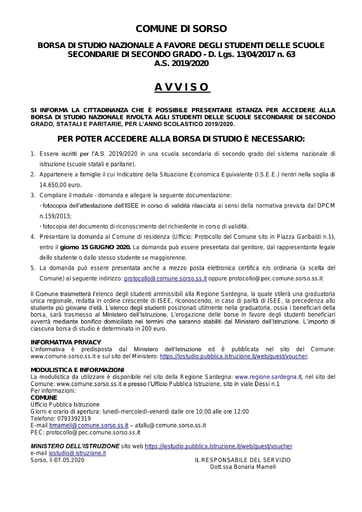 1  AVVISO  PUBBLICO BORSA DI STUDIO NAZIONALE  STUDENTI SCUOLE SECONDARIE DI SECONDO GRADO A S  2019 2020