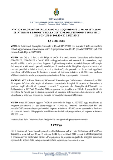 AVVISO ESPLORATIVO FINALIZZATO ALL’ACQUISIZIONE DI MANIFESTAZIONI DI INTERESSE E PROPOSTE PER LA GESTIONE DELL’INFOPOINT TURISTICO DEL COMUNE DI SORSO CIG Z37322B2AE